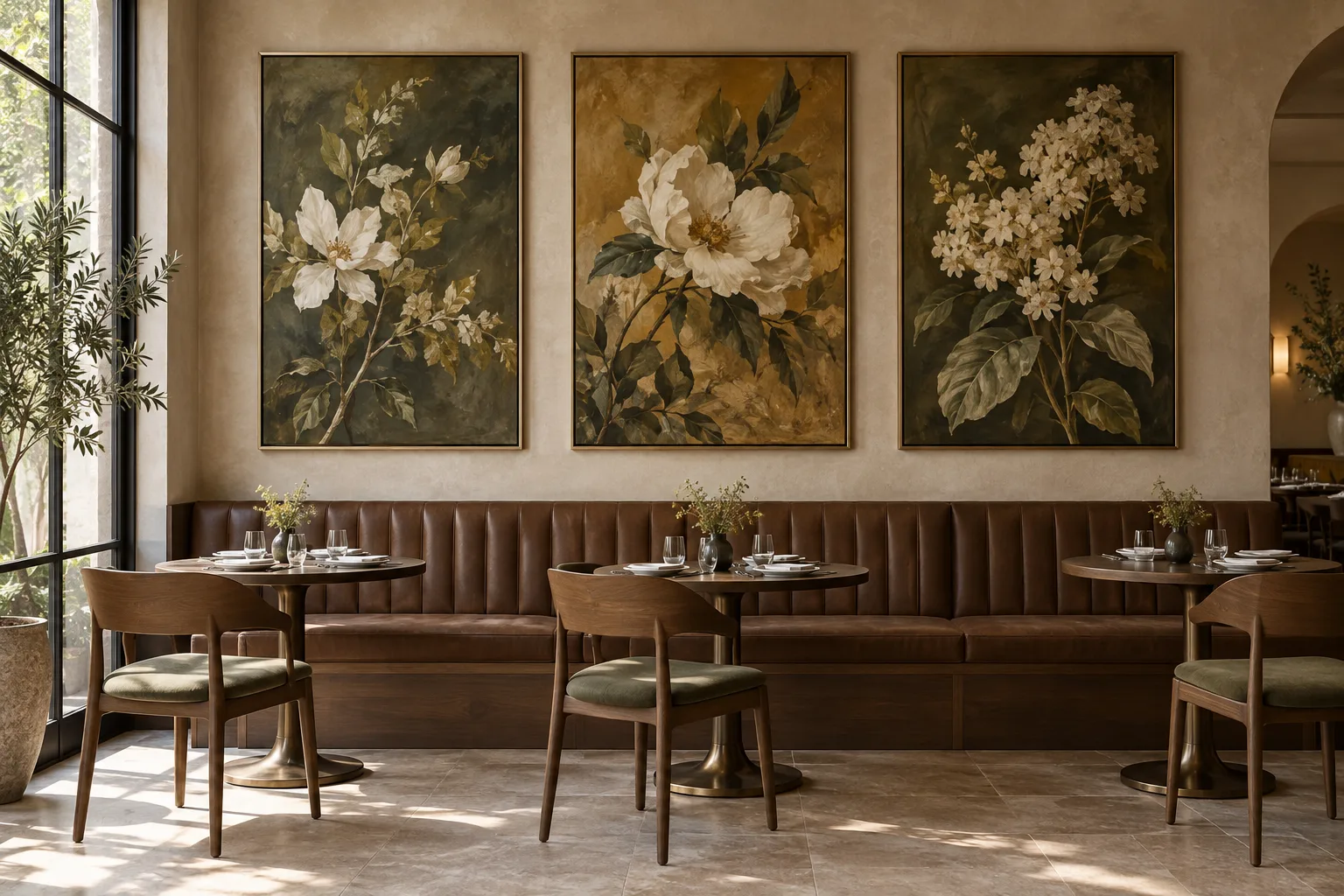 Botanical Table: illustrative restaurants & private dining with coordinated olive · ochre · walnut paintings