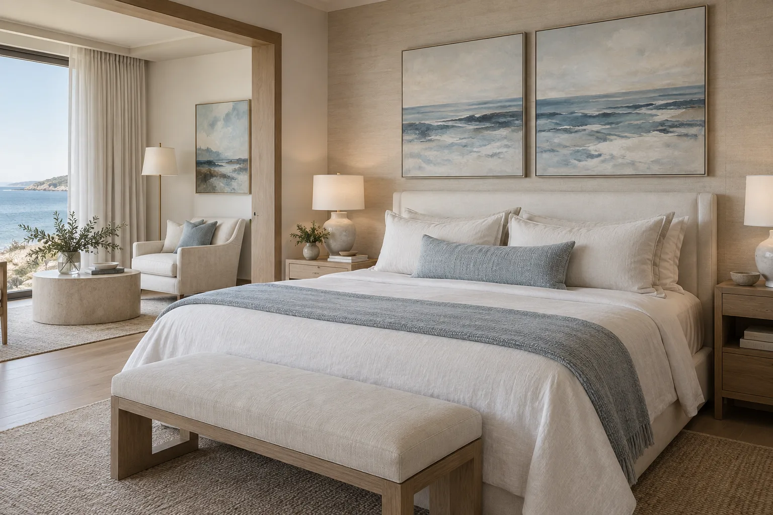 Coastal Chapters: illustrative guestrooms, suites & lounges with coordinated blue-grey · chalk · oak paintings