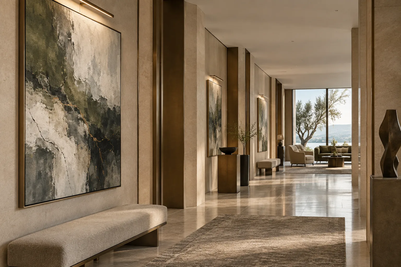 Mineral Passage: illustrative hotels & commercial developments with coordinated moss · mineral grey · bronze paintings