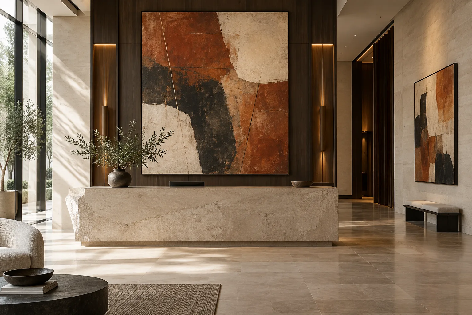 Sculptural Colour: illustrative hotel lobbies & flagship retail with coordinated rust · charcoal · cream paintings