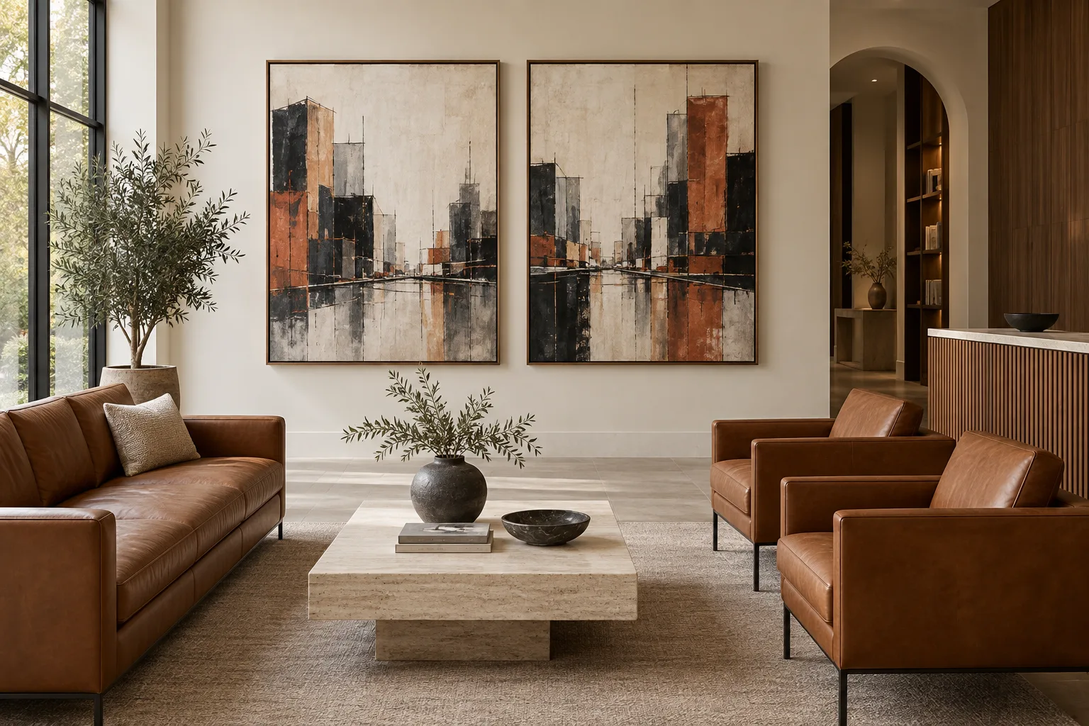 City Rhythm: illustrative offices & members’ spaces with coordinated terracotta · ink · stone paintings